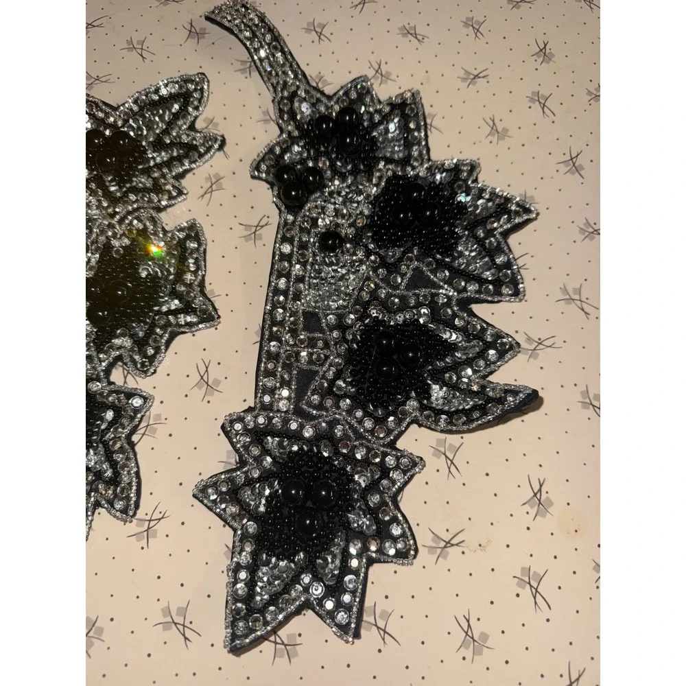 Vintage Black Silver Beaded‎ Sequin Floral Applique Patch Set Rhinestone 2 Piece